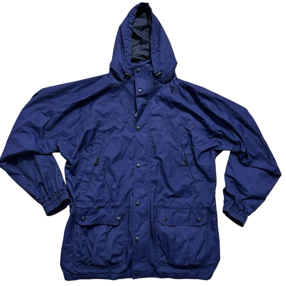 REI Elements Rain Jacket Men’s Large Blue Waterproof Hooded Full Zip Pockets